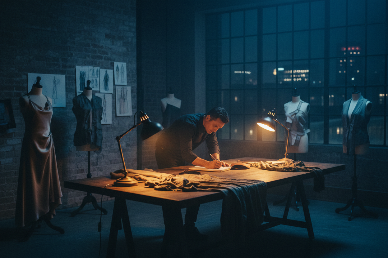 Man working at night in a studio that looks cinematic and moody on a clothing brand